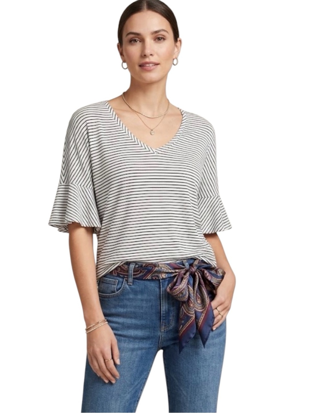 Cabi Striped Flutter Sleeve V-Neck Top Small Black White Flutter Sleeve Tee